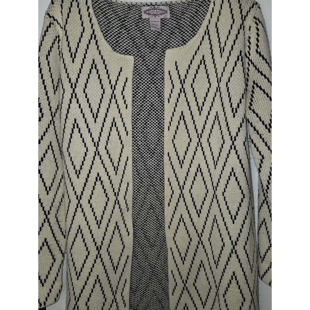 Oliver Cream Diamond Pattern Long Open Front Cardigan Sweater - Picture 5 of 12